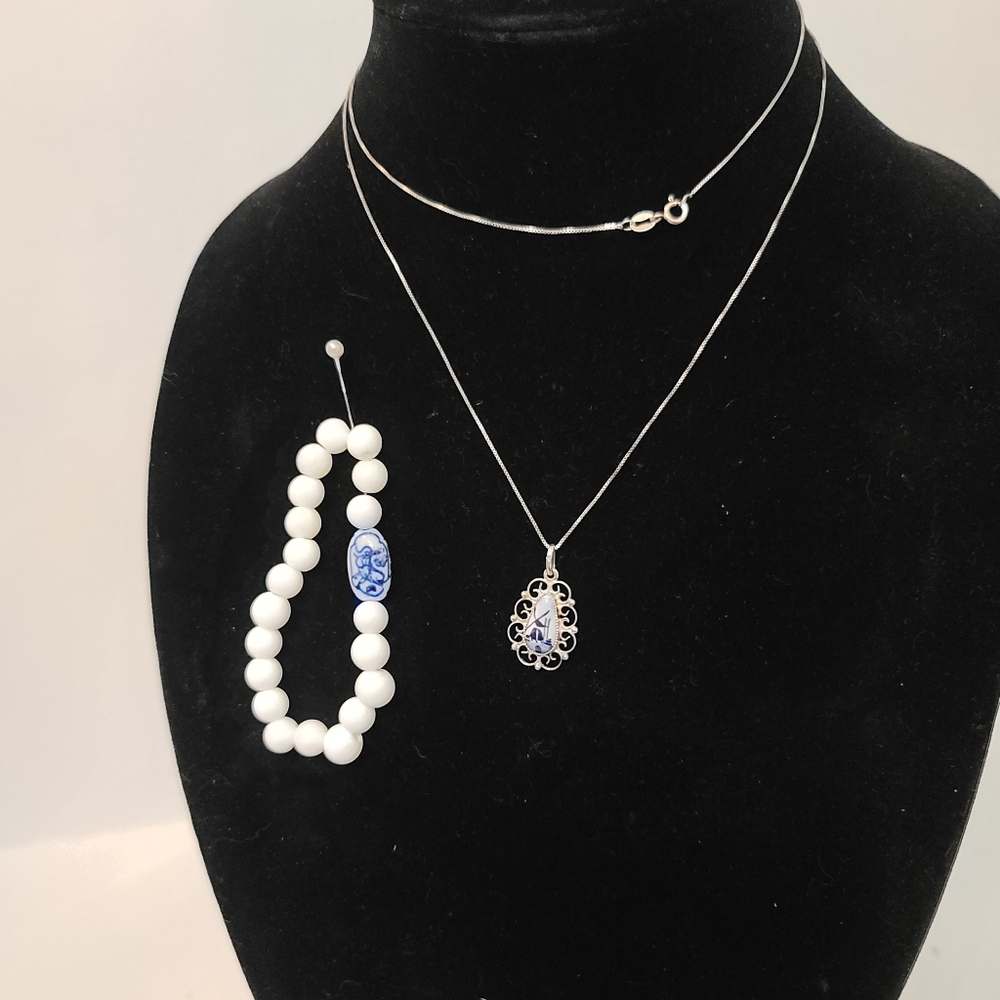 .925 Italy Silver Filigree 30" necklace Porcelain Delfts charm & bracelet